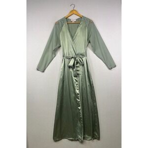 Vintage Regencycore Scaasi Womens Petite Sage Green Satin Lace Wrap Robe Pockets